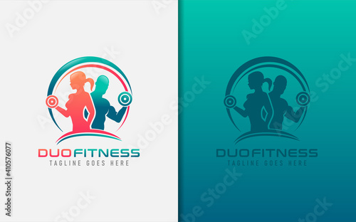 Duo Fitness Logo Design. Boys and girls Lifting Dumbbells Pose. Sport Gym Logo Illustration.