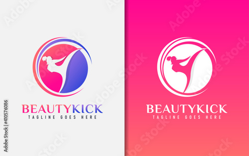Beauty Kick Logo Design. The girl in the kicking pose. Sport Logo Design Illustration.