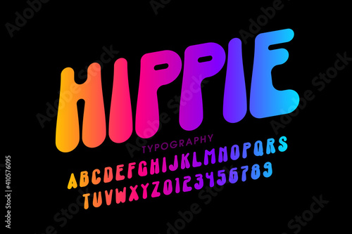 Hippie style font design, 1960s alphabet letters and numbers