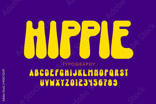 Hippie style font design, 1960s alphabet letters and numbers