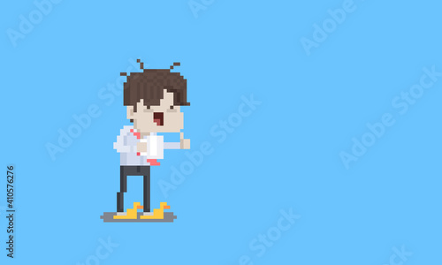 Pixel art cartoon funny tired salary man character.