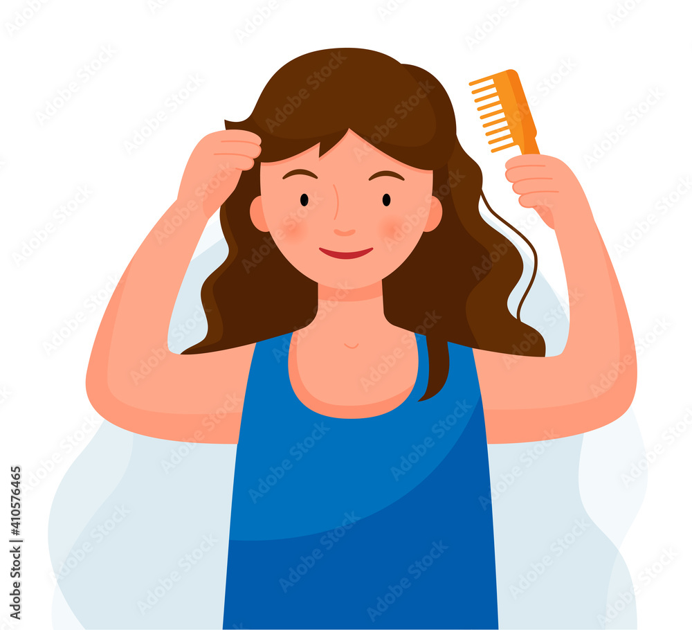 Woman brushing her hair with a comb. Girl cares for hair. Morning routine. Woman brushing her hair with a comb. Girl cares for hair. Morning routine.