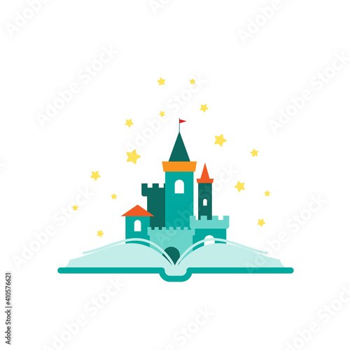 Open book with castle and stars isolated on white background.