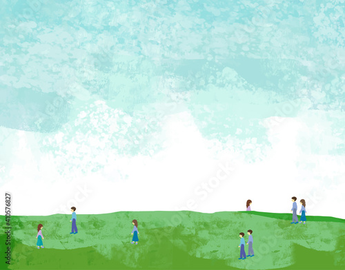 水彩風の草原と空のベクターイラスト背景