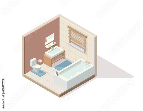 Vector isometric element representing restroom/bathroom/toilet. Room includes bath, toilet, cabinet with sink, mirror and others. Isometric restroom.