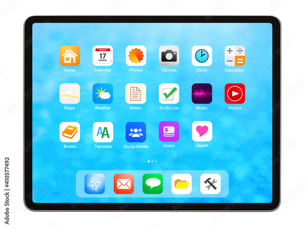 Tablet isolated on white background, home screen mockup with app icons. Tablet isolated on white background, home screen mockup with app icons.