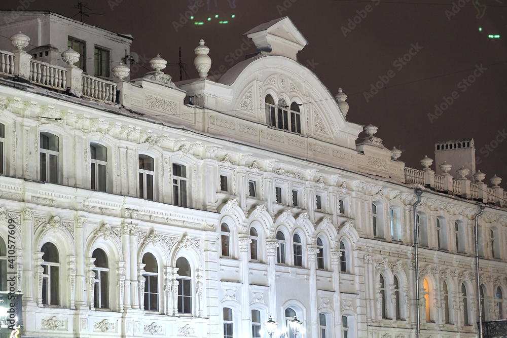 Urban architecture, Beautiful white large building in the evening with