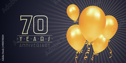 70 years anniversary vector logo, icon. Graphic element with golden color balloons for 70th anniversary