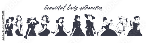 Collection of black women waist high portraits silhouettes in different poses isolated on white background. Lady fashion style with dress, trousers, accessories, hat, bags. For logo, emblems, banners.