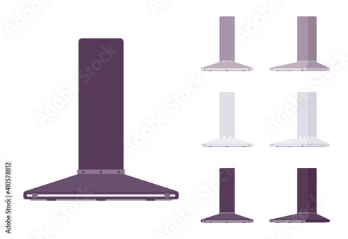 Kitchen hood set, wall mount filter kit. Chimney stove vent, healthy cooking and easy home air cleaning. Vector flat style cartoon illustration isolated on white background, different colors and view