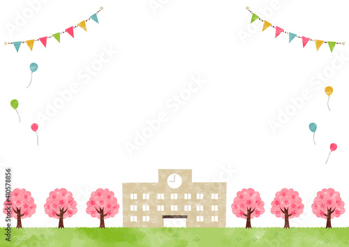 水彩、水彩画、春の景色 入学式、学校、桜