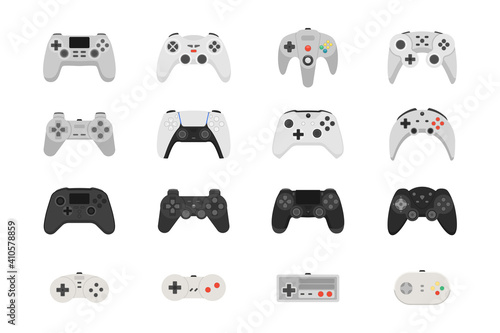 Gamepads for playing video games. A set of controllers of different generations. Collection of vector icons illustrations isolated on white background 
