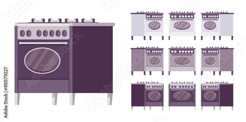 Retro stove set, kitchen appliance with vintage design. Device to cook, heat food, household equipment. Vector flat style cartoon illustration isolated, white background, different colors and views