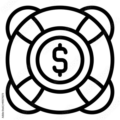 Coin in Lifebuoy icon, Bankruptcy related vector