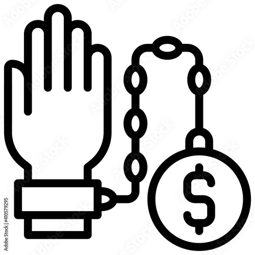 Hand chained with iron ball icon, Bankruptcy related vector