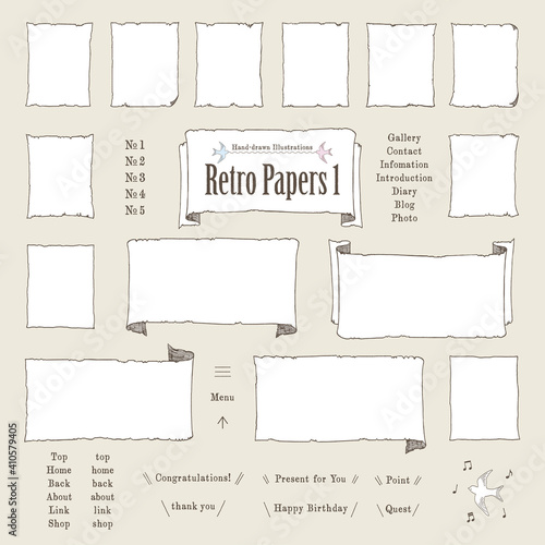 レトロな紙の手描きイラストセット A　線画＆白地