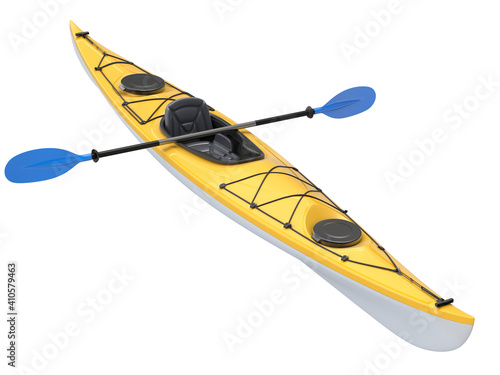 Yellow plastic kayak with blue paddle isolated on white background - 3D illustration