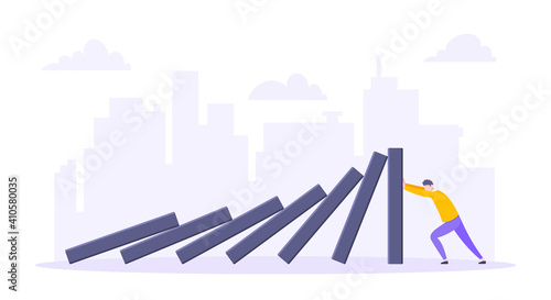 Domino effect or business resilience metaphor vector illustration concept. Adult young businessman pushing falling domino line business concept of problem solving and stopping domino chain reaction.