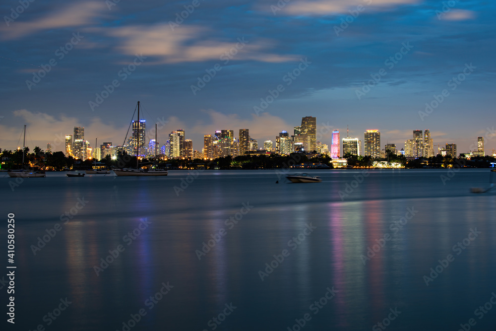 Miami city night. Panoramic view of Miami skyline and coastline.