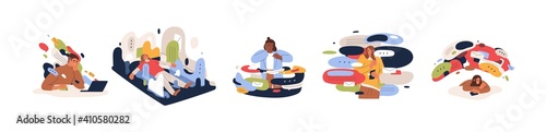 Set of stressed and overwhelmed people overloaded with news and information from internet media and communication in social networks. Flat cartoon vector illustration isolated on white background