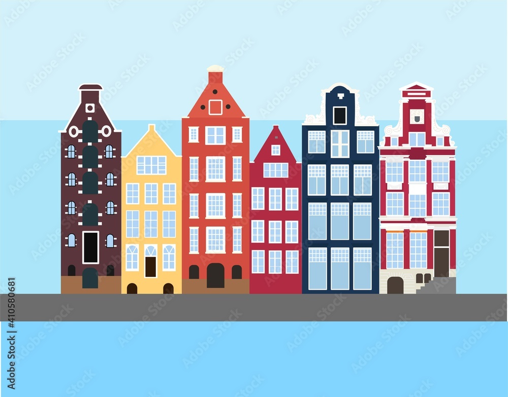 Set of Amsterdam old houses in the Dutch style. Colorful historic facade, water chanal and skyline. Traditional architecture of Netherlands. Vector illustration flat cartoon style.