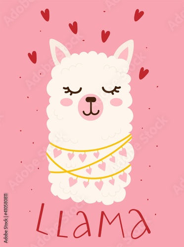 Valentines day card with cute funny llama with hearts and dots around. Hand drawn vector illustration. Scandinavian style flat design. Concept for children holiday print.