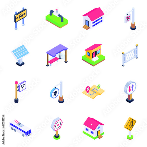 
Pack of Home Structure and Banners Isometric Icons 
