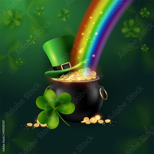 St. Patrick's Day. The symbols of the holiday are a pot of money and a green leprechaun hat. Rainbow light falls into a pot of coins on a background of shamrock clover