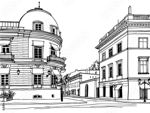 Nice cityscape of old Odessa, Ukraine. Urban landscape in hand drawn sketch style. Ink line sketch. Vector illustration on white.