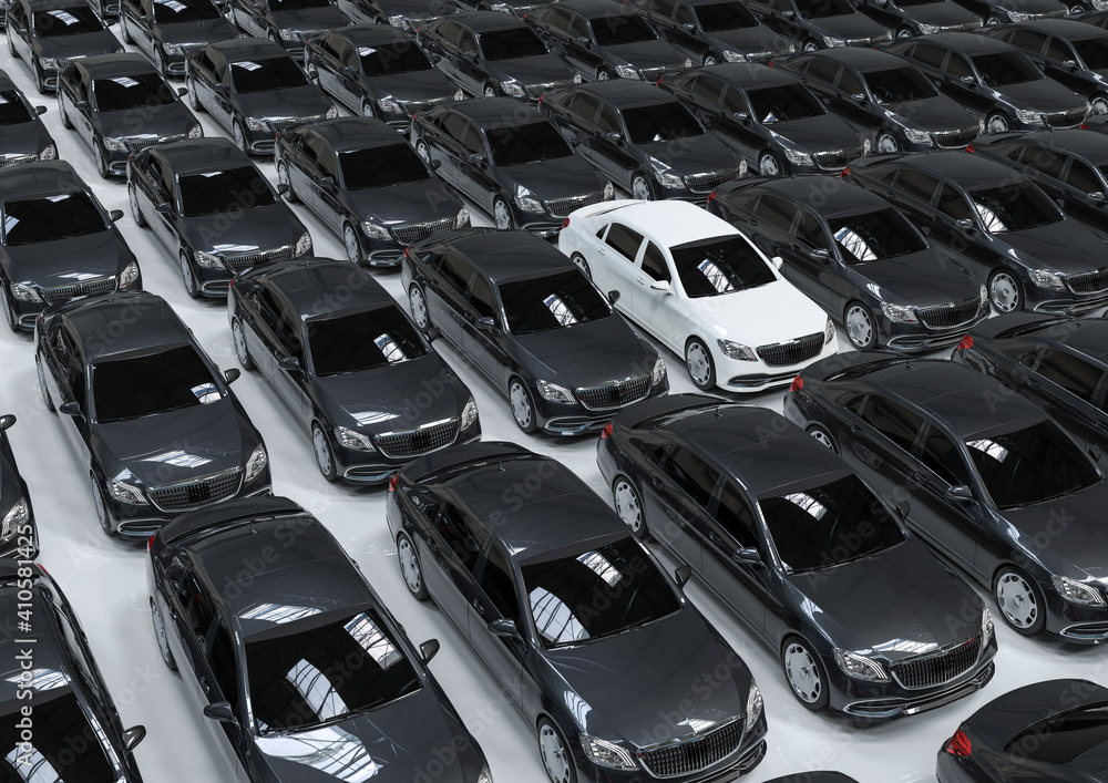 Fototapeta premium 3D render image of a fleet of luxury car with one in different color representing unique concept