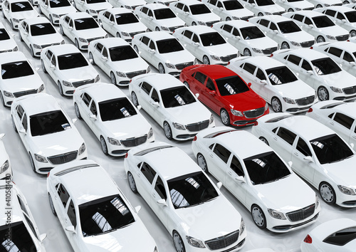 3D render image of a fleet of luxury car with one in different color representing unique concept