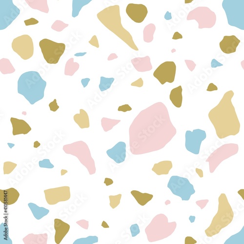 Italian terrazzo seamless pattern. Endless abstract texture with repeatable stone fragments of organic irregular shape. Trendy flooring design. Flat vector illustration isolated on white background