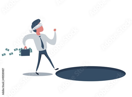 Cartoon character, Blindfolded businessman going to find money and does not see pit hole, vector