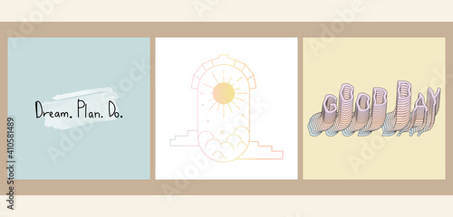 A set of three aesthetic posters with text templates. Minimalistic posters with positive phrases for social media, cover design, web. Vintage illustrations with geometric shapes, gradients, lines.