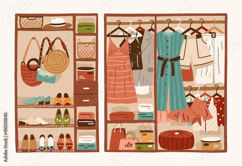 Female fashion closet or wardrobe. Summer womens shoes and clothes hanging on hangers and lying on shelves. Organization and storage of garments. Colorful flat cartoon colorful vector illustration