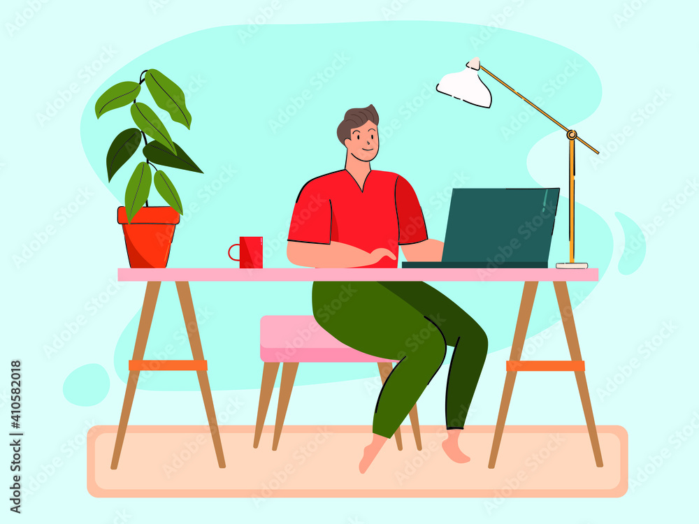 Fototapeta premium cartoon character working from home, A man sitting and working at home Like slow life due to the corona virus, coronavirus COVID-19, Vector illustrate