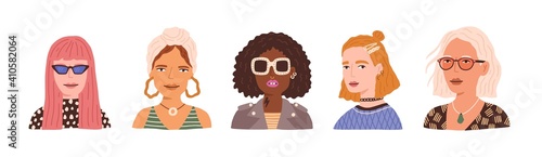 Portraits of young modern women wearing different accessories. Set of stylish and fashionable female avatars with diverse hairstyles isolated on white background. Colorful flat vector illustration