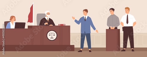 Advocate or barrister giving speech in courtroom in front of judge during trial process. Legal defense of accused person. Defendant in handcuffs at court tribune. Colorful flat vector illustration