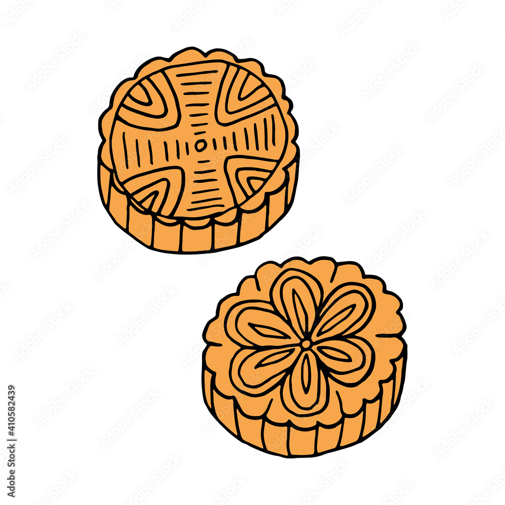 Hand drawn doodle mooncake. Chinese cuisine dish. Design sketch element for menu cafe, restaurant, label and packaging. Vector colorful illustration on a white background. Hand drawn doodle mooncake. Chinese cuisine dish. Design sketch element for menu cafe, restaurant, label and packaging. Vector colorful illustration on a white background.