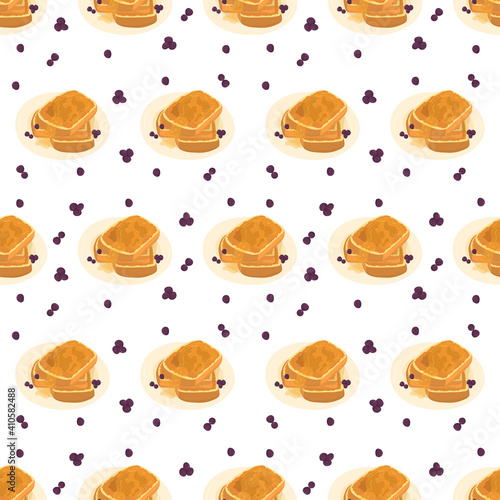 Illustration with french toast and blueberry seamless pattern. Hand drawing wallpaper. Decorative print for wrapping paper, textile, fabric.