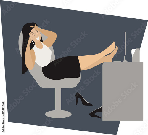 Business woman sitting in the office, talking on the phone and laughing. Girl took off her shoes and put her legs on the table. 