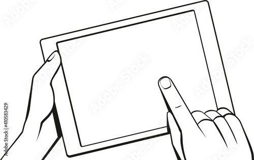 Grafik neutrales Tablet quer mit Händen schwarzweiss