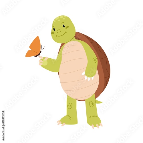 Cute and funny turtle looking at pretty butterfly on its paw. Happy green tor...