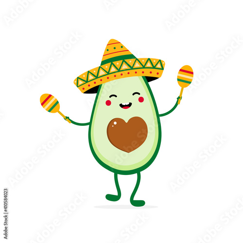 Cute happy cartoon style avocado character wearing sombrero and dancing with maracas for Cinco de Mayo, mexican festivals design.