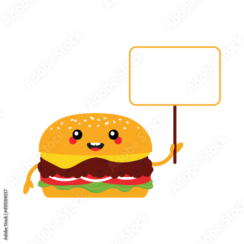 Cute cartoon style cheeseburger, burger character with blank card, empty banner in hand.