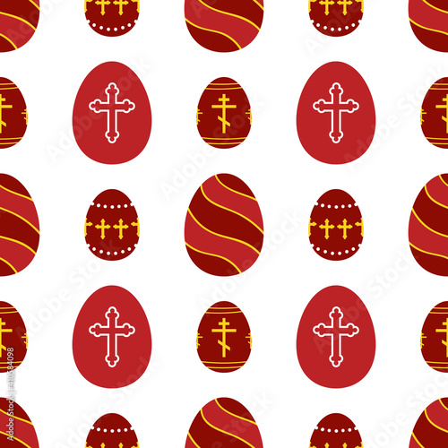 Decorated red eggs with crosses vector seamless pattern background for Orthodox Easter Day, Resurrection Sunday.