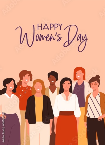 Postcard design for 8 March with community of women. Vertical greeting card w...