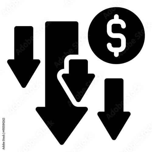 Coin with many down arrow icon, Bankruptcy related vector
