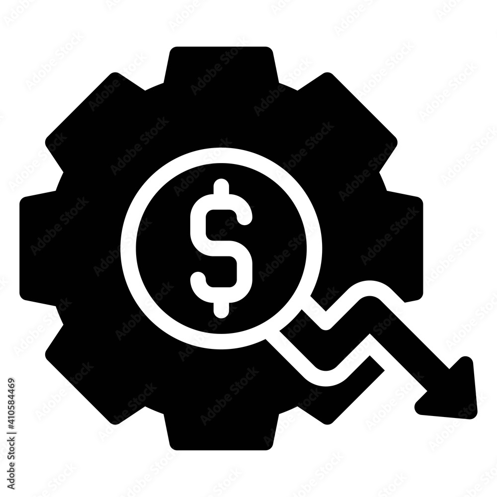 Gear with coin and decrease arrow icon, Bankruptcy related vector Gear with coin and decrease arrow icon, Bankruptcy related vector