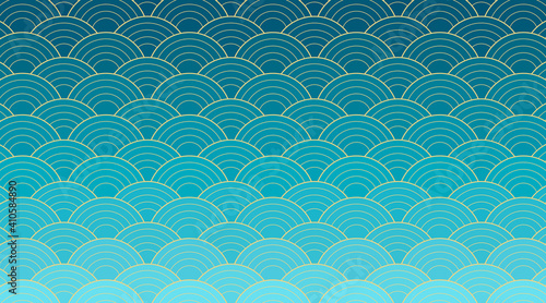 Vector creative design with Japanese wave background. Seigaiha - traditional Asian art heritage . Blue gradient circles with gold lines. Pattern as symbol of water and ocean